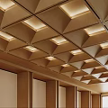 Modern Wooden Ceiling Design With Geometric Grid Panels And Recessed Lighting 3d model