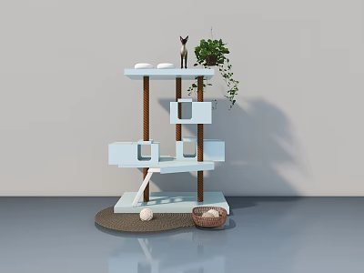 Flat Door Design Cat Tree With White Structure Brown Poles And Toys 3d model