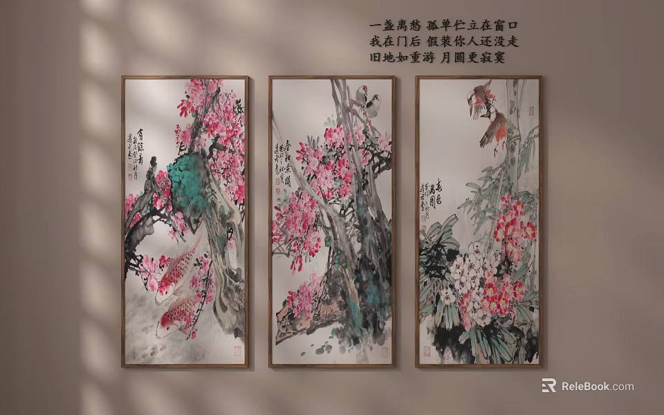 Chinese Traditional Flower and Bird Paintings as Wall Decor with Ink Style and Calligraphy 3d model 
