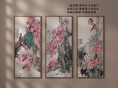 Chinese Traditional Flower and Bird Paintings as Wall Decor with Ink Style and Calligraphy 3d model