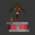 Pixel Style Well Structure With Red Roof Brown Supports And Wooden Bucket