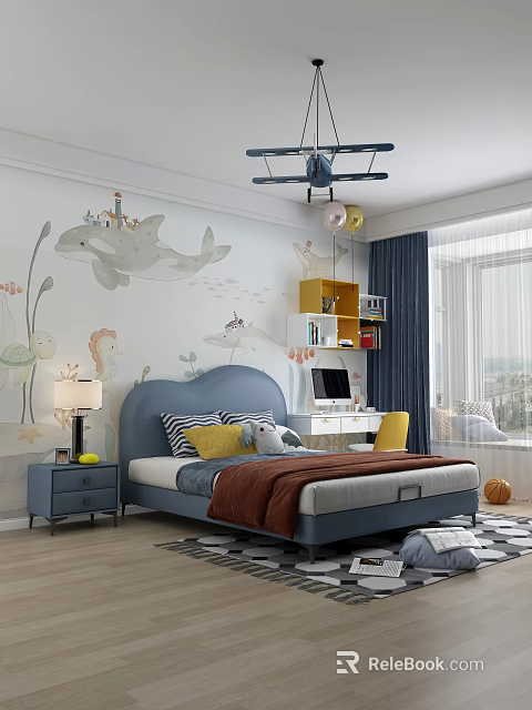 Kids Bedroom Blue Headboard Double Bed With Cartoon Dolphin Mural Yellow Bookshelf And Study Desk 3d model 