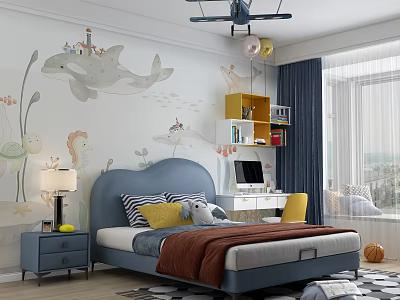 Kids Bedroom Blue Headboard Double Bed With Cartoon Dolphin Mural Yellow Bookshelf And Study Desk 3d model
