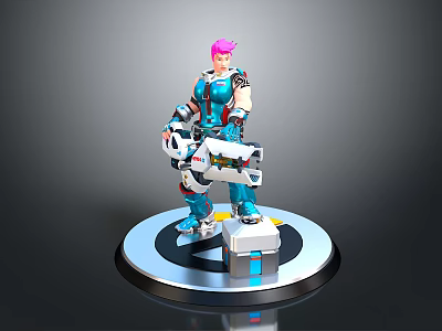 Elegant Pink Haired Mechanical Character Holding Weapon On Circular Platform 3d model