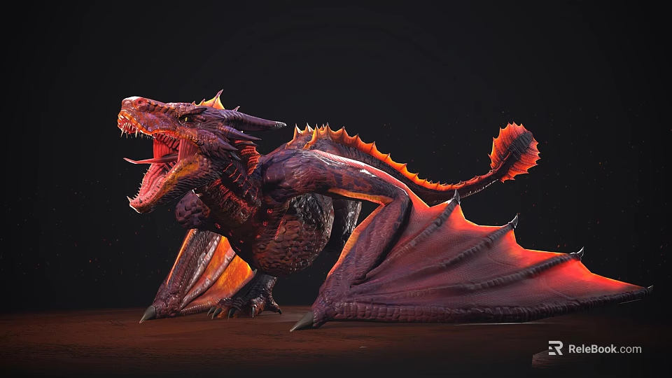 Red Purple Mythical Dragon With Spread Wings Roaring In Dark Background 3d model 