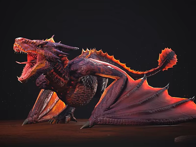 Red Purple Mythical Dragon With Spread Wings Roaring In Dark Background 3d model