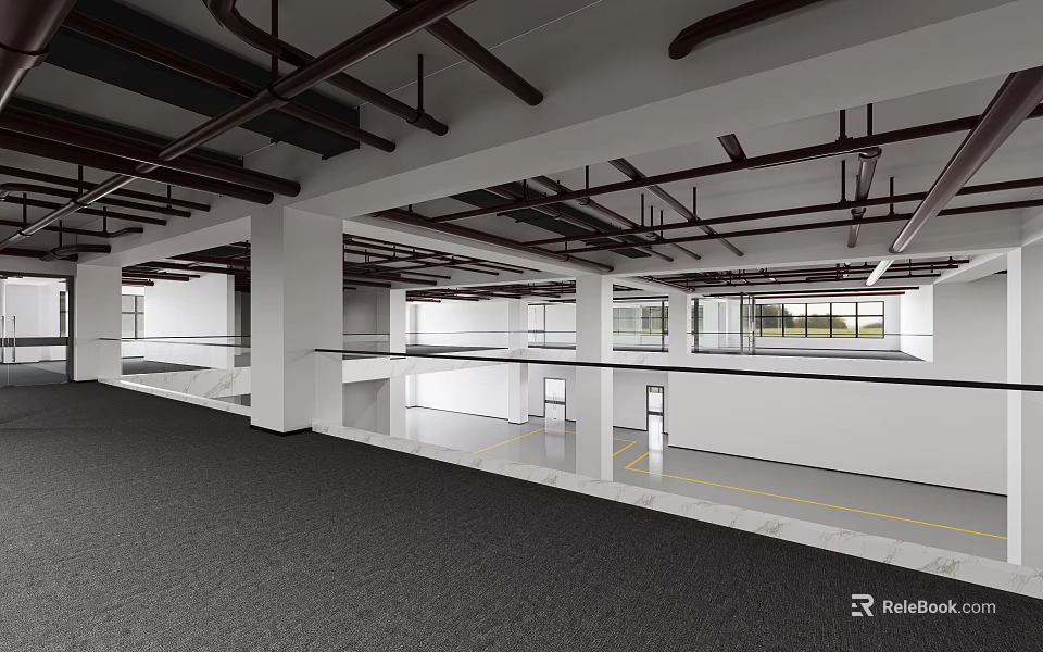 Modern Industrial Interior Space With Exposed Beams White Walls And Gray Flooring 3d model 
