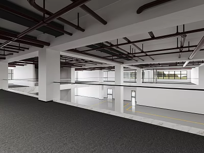 Modern Industrial Interior Space With Exposed Beams White Walls And Gray Flooring 3d model