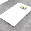 Modern White Marble Coffee Table with Black Lines Tray Green Fruits and Glass Cup