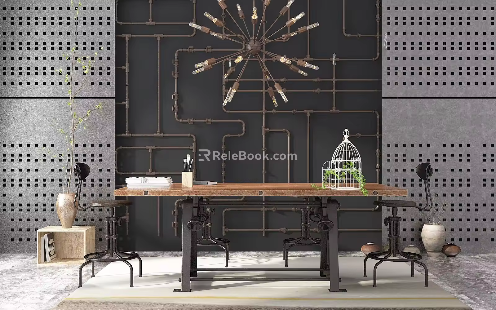 Industrial LOFT table and chair combination table chandelier 3d model