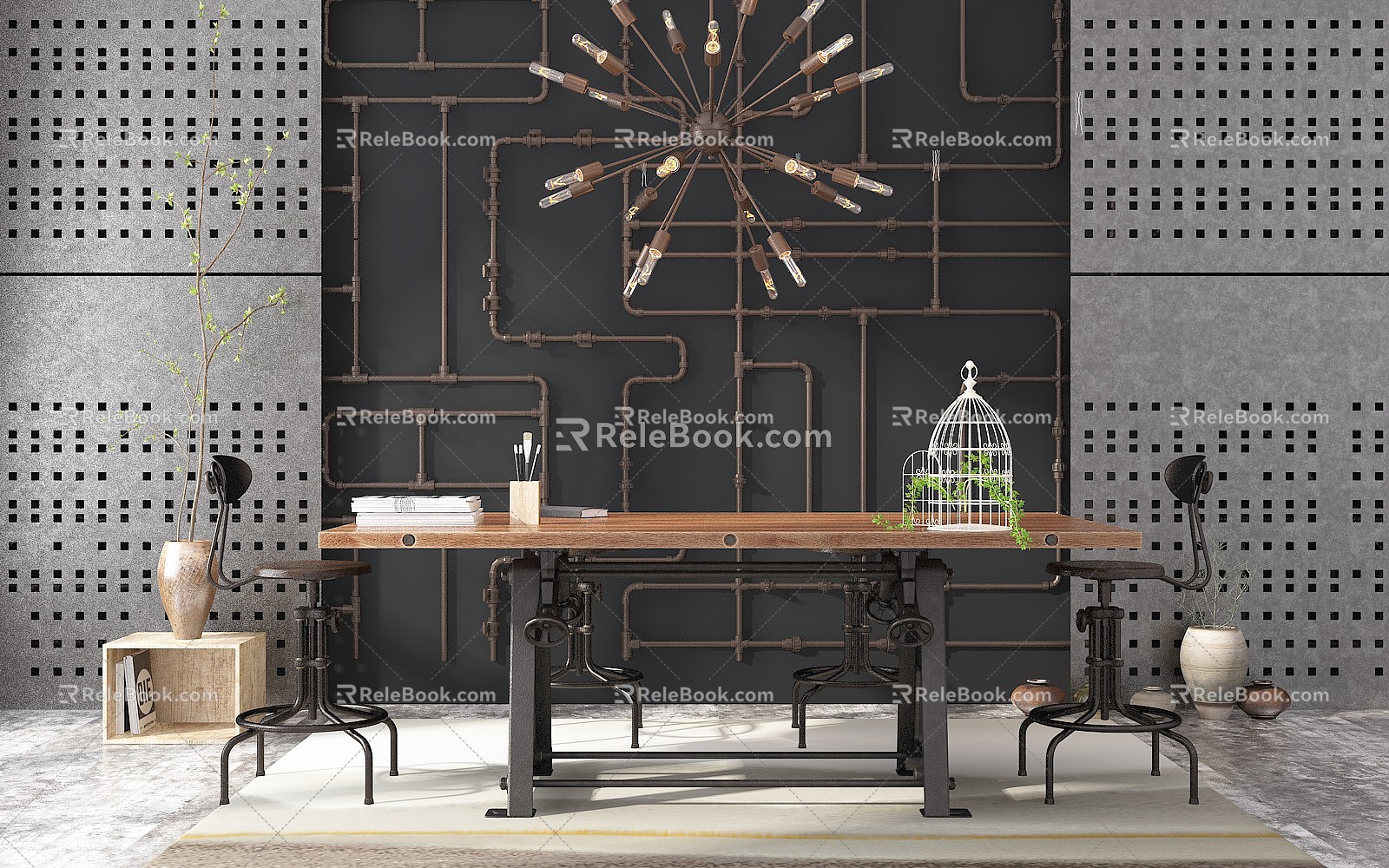 Industrial LOFT table and chair combination table chandelier 3d model