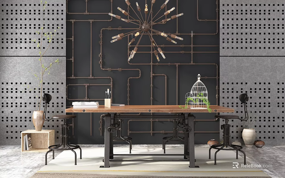 Industrial Style Wooden Dining Table With Black Metal Chairs Perforated Wall And Metal Chandelier 3d model 