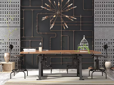 Industrial Style Wooden Dining Table With Black Metal Chairs Perforated Wall And Metal Chandelier 3d model