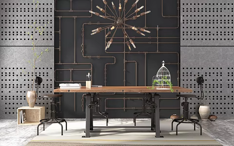 Industrial LOFT table and chair combination table chandelier 3d model