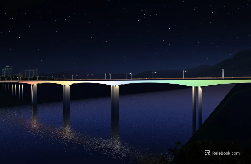 Starry Night Bridge Illuminated With Lights Over Calm Water Reflections 3d model 