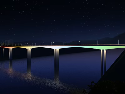 Starry Night Bridge Illuminated With Lights Over Calm Water Reflections 3d model