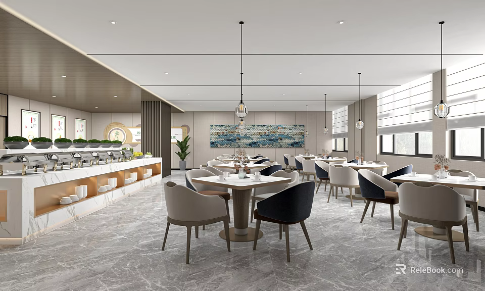 Modern Restaurant Interior With Round Tables Chairs Buffet Counter And Hanging Lamps 3d model 