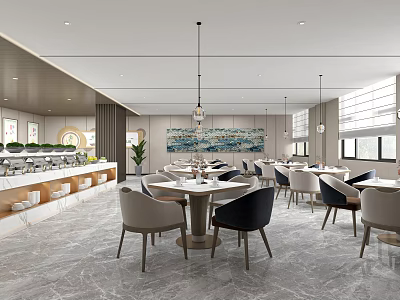 Modern Restaurant Interior With Round Tables Chairs Buffet Counter And Hanging Lamps 3d model