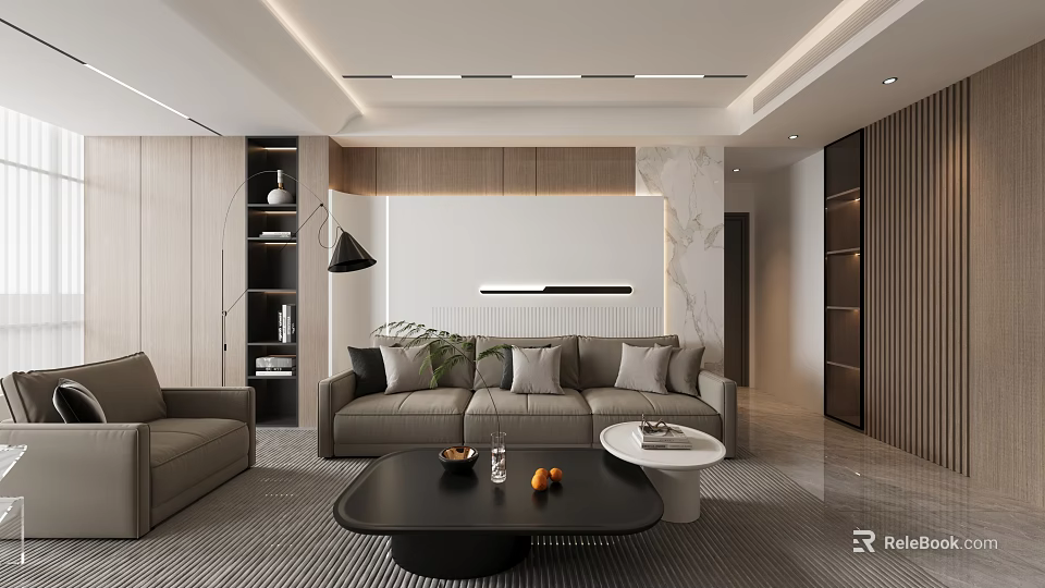 Modern Living Room Interior With Sofa Coffee Tables Wall Panels And Lighting 3d model 