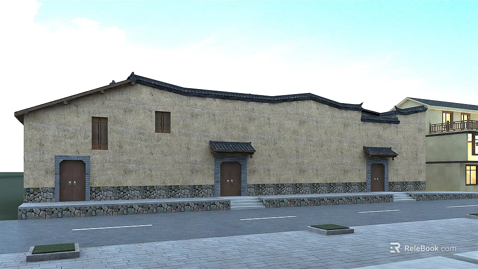 Ancient Traditional Building With Earthen Walls Tiled Roofs Stone Steps And Wooden Doors 3d model 