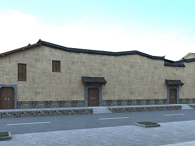 Ancient Traditional Building With Earthen Walls Tiled Roofs Stone Steps And Wooden Doors 3d model