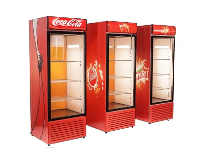 Red Upright Refrigerators with Glass Doors Branded Coca-Cola Fanta Logos 3d model