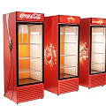 Red Upright Refrigerators with Glass Doors Branded Coca-Cola Fanta Logos