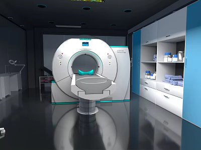 Cartoon Scene of Medical Examination Room With CT Scanner Cabinets And Equipment 3d model