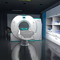 Cartoon Scene of Medical Examination Room With CT Scanner Cabinets And Equipment