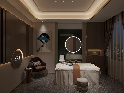 Elegant SPA Sauna Room Interior With Massage Bed Round Mirror Comfortable Chair And City View 3d model