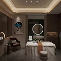 Elegant SPA Sauna Room Interior With Massage Bed Round Mirror Comfortable Chair And City View