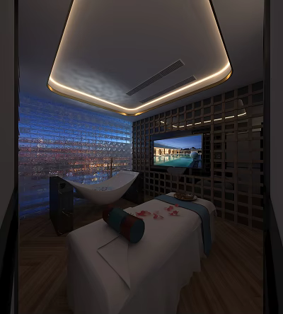 Luxury SPA Sauna Room With White Bathtub Massage Bed TV And Blue Glass Brick Wall 3d model