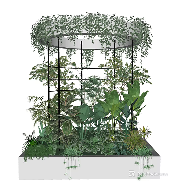 Lush Green Plants and Vines in Circular Overhead Frame Display Area 3d model 