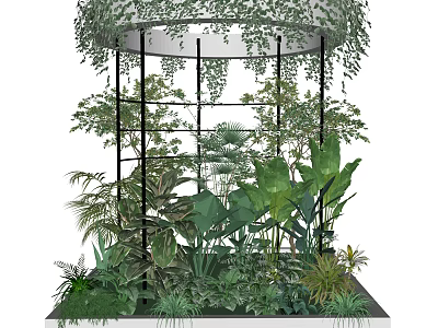 Lush Green Plants and Vines in Circular Overhead Frame Display Area 3d model