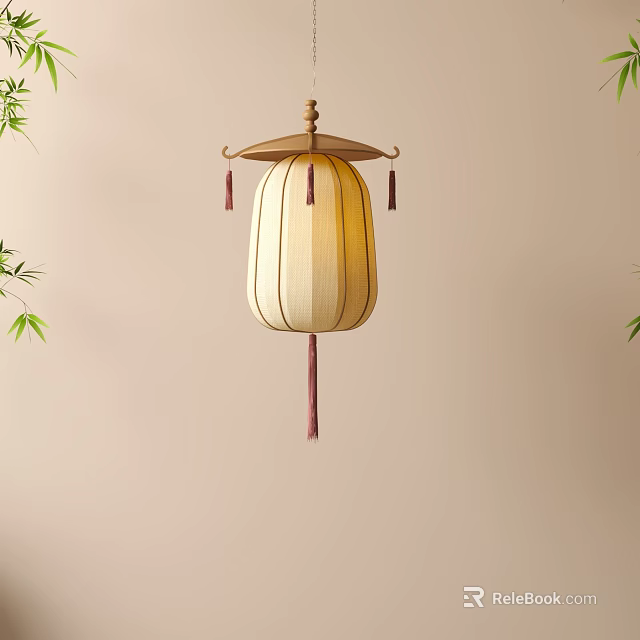 Traditional Hanging Lantern With Beige Lampshade Brown Tassels And Bamboo Leaves On Light Wall 3d model 