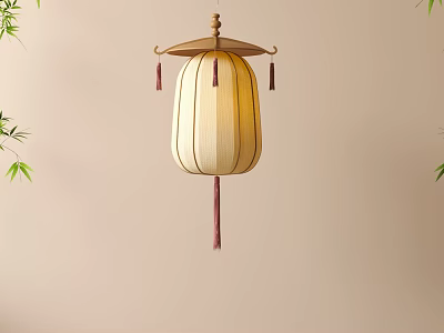 Traditional Hanging Lantern With Beige Lampshade Brown Tassels And Bamboo Leaves On Light Wall 3d model
