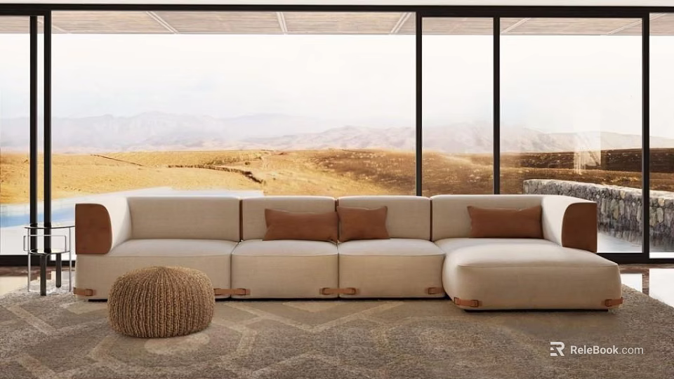 Beige Sectional Sofa With Brown Cushions Woven Stool And Large Windows Mountain View 3d model 