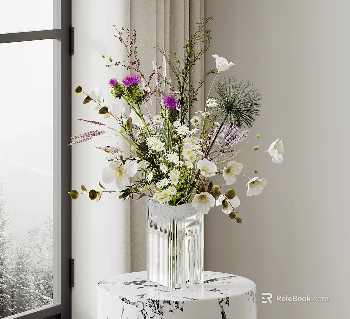 Transparent Glass Vase With White Purple Flowers And Green Foliage On Indoor Small Table 3d model 