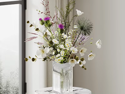 Transparent Glass Vase With White Purple Flowers And Green Foliage On Indoor Small Table 3d model