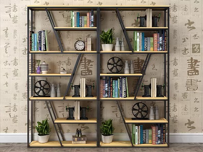 Multi Tiered Bookshelf With Books Green Plants And Decorative Items On Calligraphy Background Wall 3d model