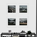 Four Framed Landscape Paintings As Wall Decor With Mountain Lake And House Scenes