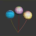 Blue Pink Yellow Disco Balls With Reflective Surface Connected By White Strings On Dark Background