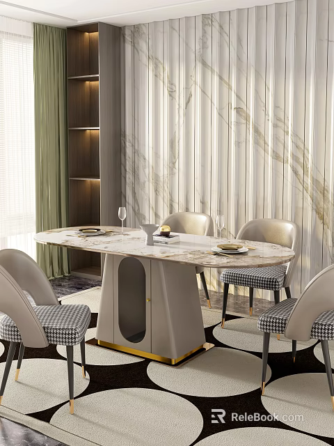 Elegant Light Colored Dining Table Set With Round Marble Top And Checkered Cushion Chairs 3d model 