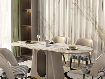 Elegant Light Colored Dining Table Set With Round Marble Top And Checkered Cushion Chairs 3d model
