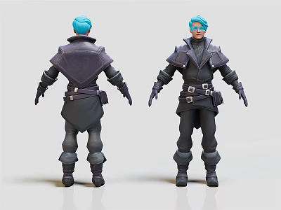 3D Character Design With Blue Hair Armor Costume Back And Front View Details 3d model