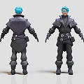 3D Character Design With Blue Hair Armor Costume Back And Front View Details