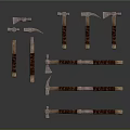 Various Hardware Tools Including Axes Hammers And Sickles With Leather Wrapped Handles