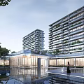 Modern High Rise Residential Landscape With Central Courtyard Greenery Trees And Scenic Walkways