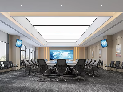 Modern Conference Room With Large Table Black Chairs Skylight Ceiling TV Screens Windows And Paintings 3d model