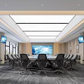 Modern Conference Room With Large Table Black Chairs Skylight Ceiling TV Screens Windows And Paintings